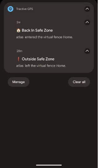 Screenshot showing when Tractive has left a designated zone.