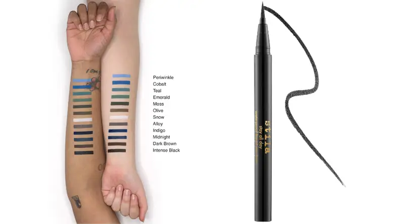 On the left: Two arms of lighter and deeper skin tones show swatches of the different colors of the Stila Stay All Day Liquid Eye Liner. On the right: The black Stila eyeliner tube with a swatch of black liner next to it.