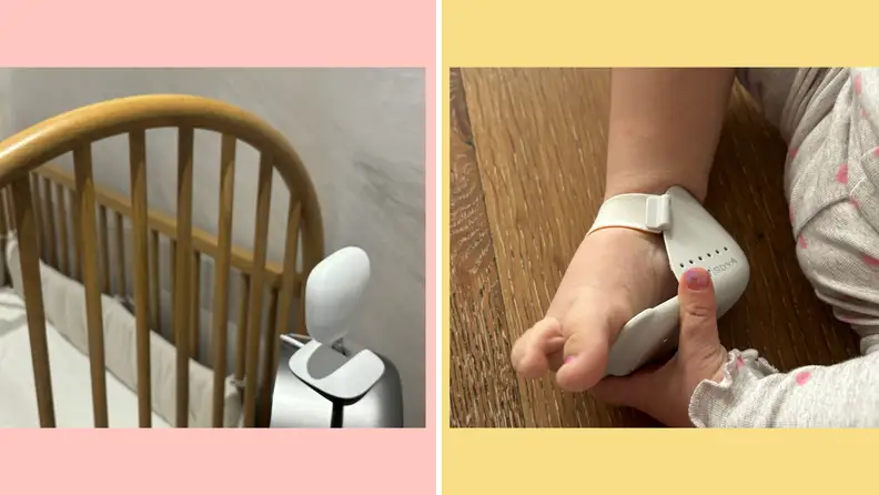 Two pictures featuring a close-up of the camera and the ankle monitor.