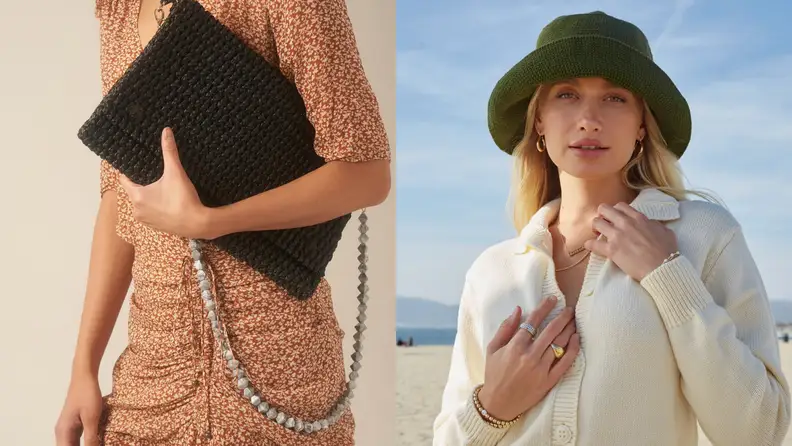 Models feature a bag and a hat.
