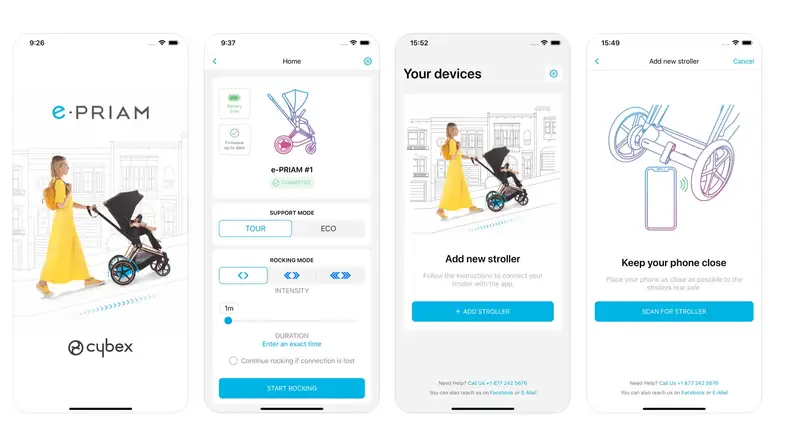 A set of four screenshots from the Cybex e-Priam app.