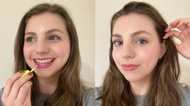One image of tester Jessica Kasparian applying Youthforia lip gloss next to an 