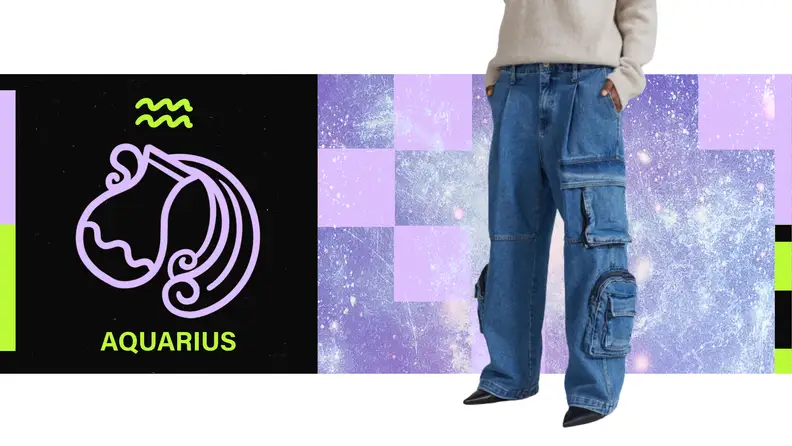 On the left is an illustration of the zodiac sign for Aquarius. On the right is TK.