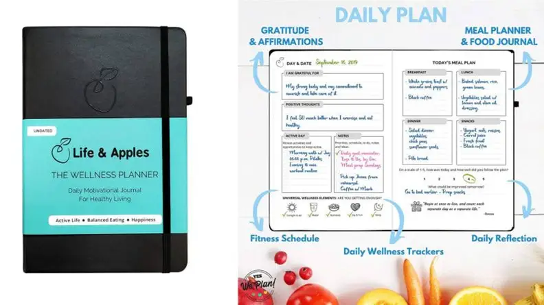 Left: The Life and Apples Wellness Planner. Right: A view of the daily page inside the Wellness Planner.