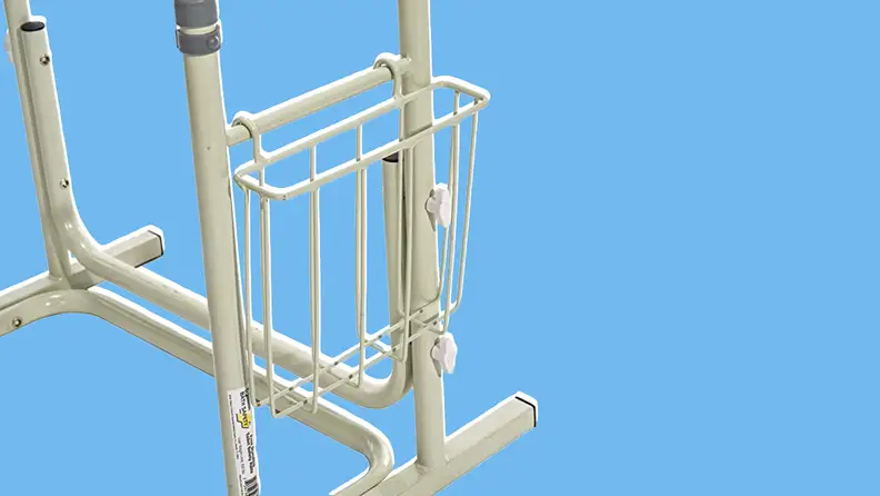 Close-up shot of the toilet support frame in front of a background.