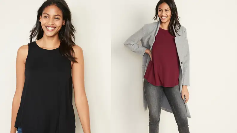 An image of a woman wearing a high-neck black tank along a woman in the same tank in red.