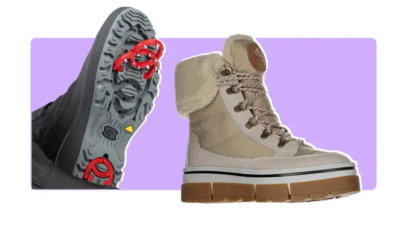 The Henta women’s boot with ice grippers against a purple background
