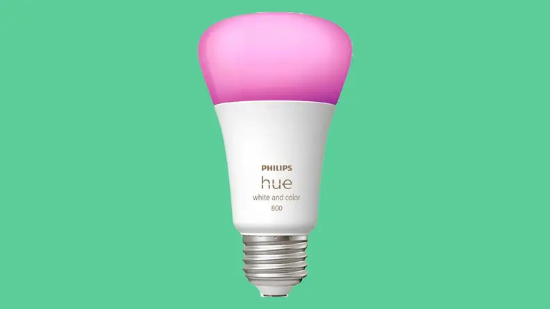 Close up of a pink LED lightbulb.