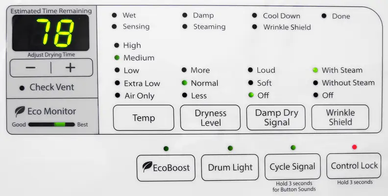 Controls are responsive and—other than the lack of extra steam-based options—the Whirlpool Duet WED87HEDW's feature list doesn't leave much to be desired.