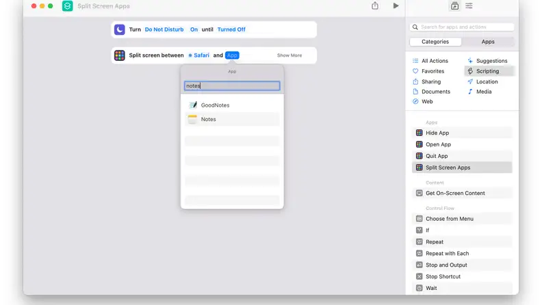 A screenshot of the Shortcuts app on macOS Monterey, showing how an example shortcut can be built to toggle Do Not Disturb and open two apps side-by-side.