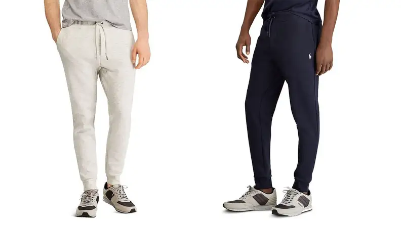A pair of models pose in stylish Ralph Lauren sweatpants.