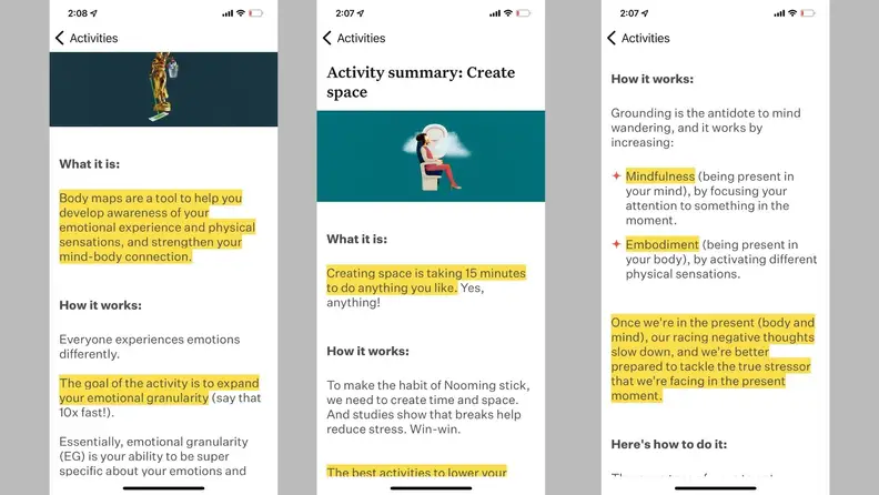 Three screenshots of text in articles within the Noom Mood app