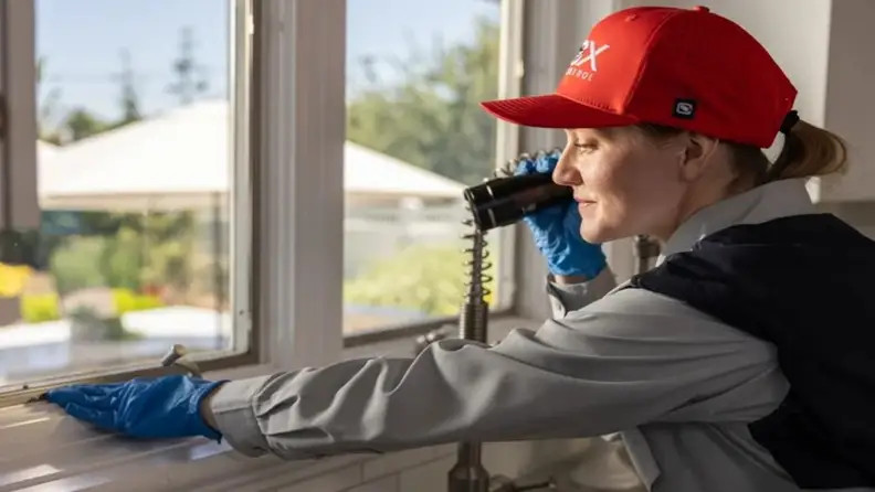 Technician using flashlight to inspect a window sill indoors