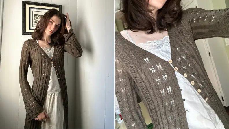Two side by side photos of woman wearing a dark green long-sleeve and long-length dark green cardigan.