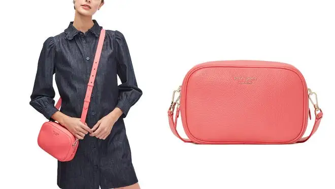 Woman carrying coral colored crossbody