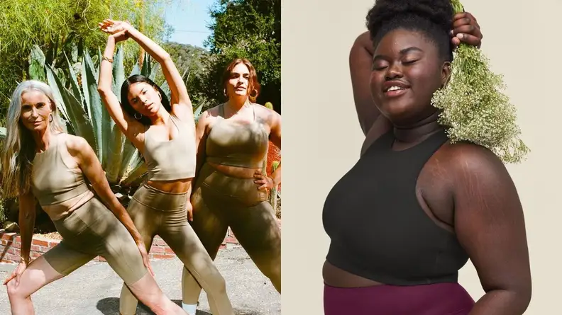 women standing next to each other in Girlfriend Collective clothing, woman modeling Girlfriend Collective bra