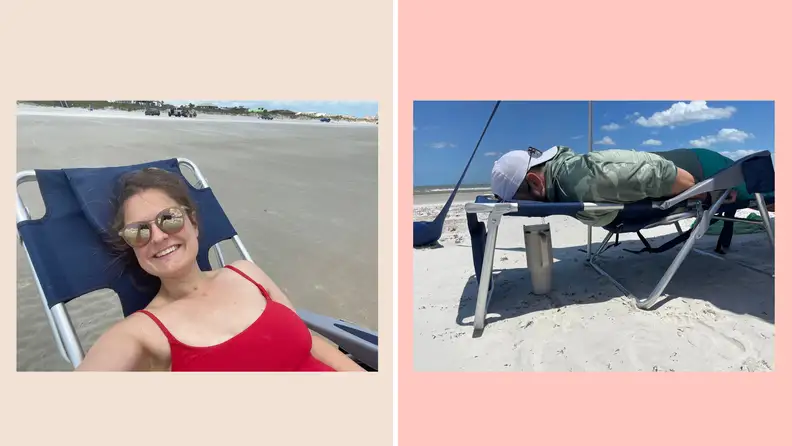 A side by side collage of someone using the headrest of the beach chair and someone lying face down in the beach chair drinking from a straw cup