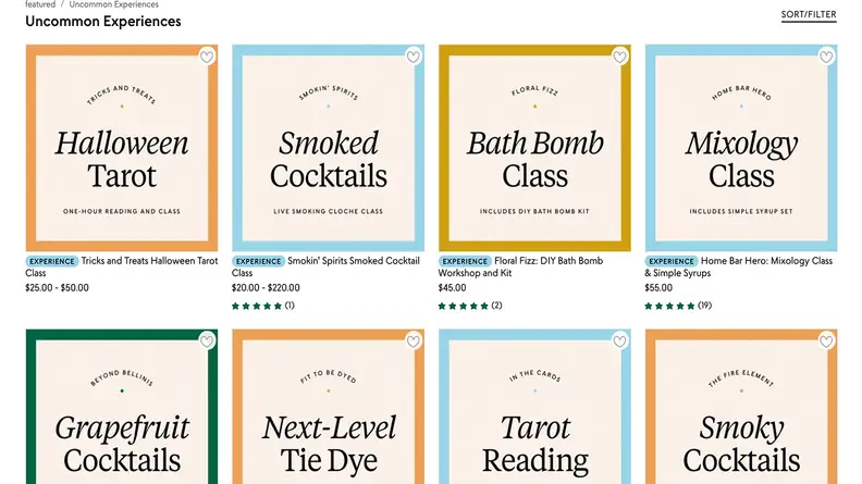 Website interface of Uncommon Experiences showing various options for online classes