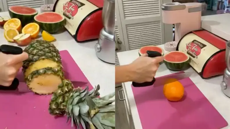 Side by side photos of a person cutting fruit using an ergonomic Swedish chef knife. The photo on the left features pineapple and the right photo features oranges.