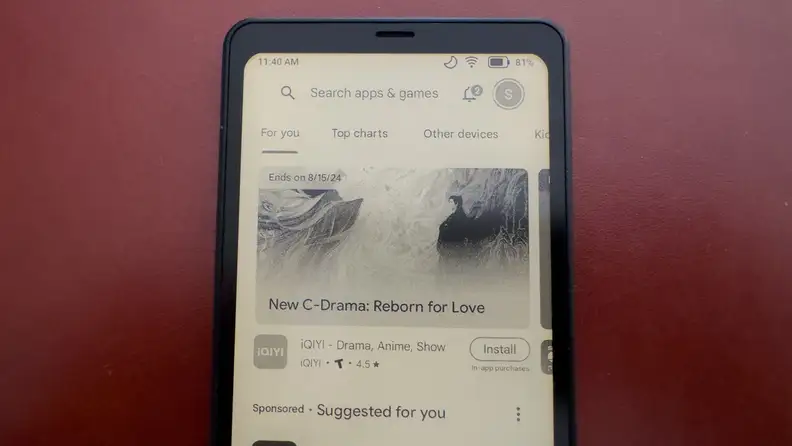 Close up of the Boox Onyx Palma displaying the Google Play Store