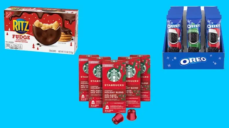 Blue graphic with images of cookies and coffee on it