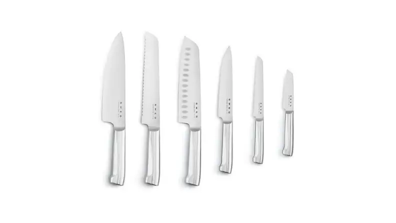 Six stainless steel knives arranged from largest to smallest.