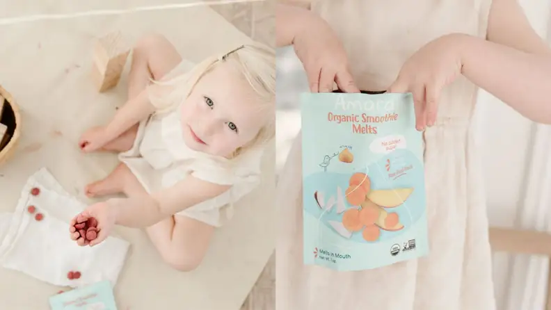 Left: Overhead photo of a child eating round, red colored smoothie melts. Right: A child dressed in white reaches into a bag of smoothie melts.
