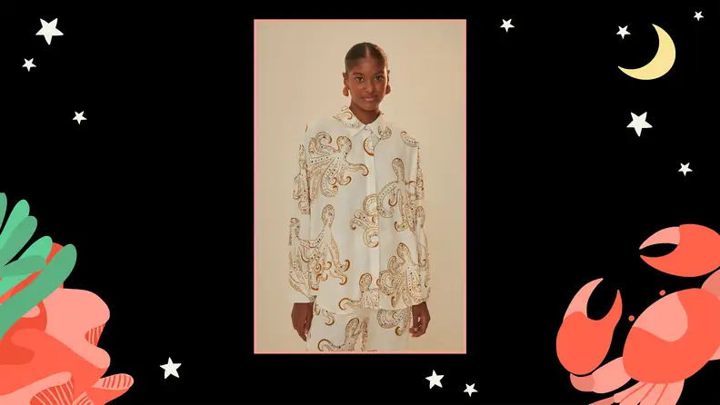 A matching shirt and pants set featuring an octopus print with beaded embroidery.