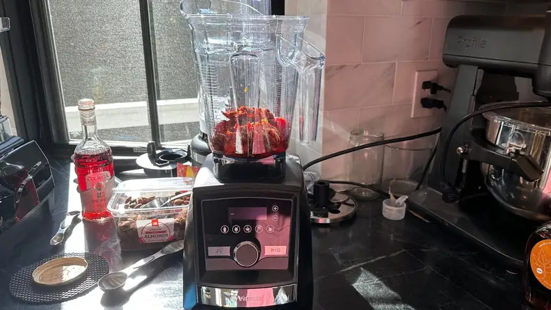 Vitamix A3500 filled with pre-blended romesco sauce ingredients