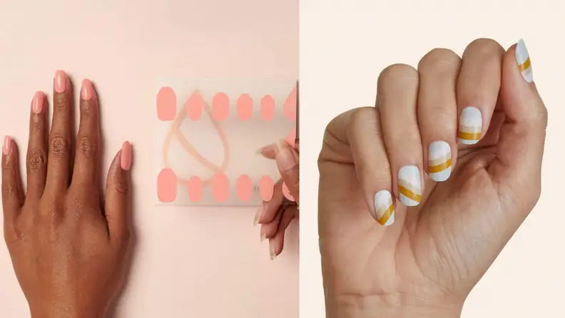 On the left: A sheet of pink Manime nail stickers next to a model's hand. On the right: A model wearing a stripe design of Manime nail stickers