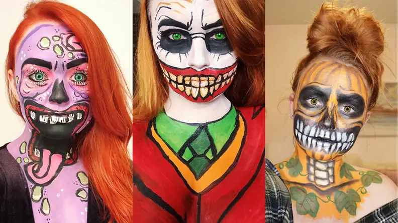 Three images side by side by side or someone wearing face paint for Halloween.