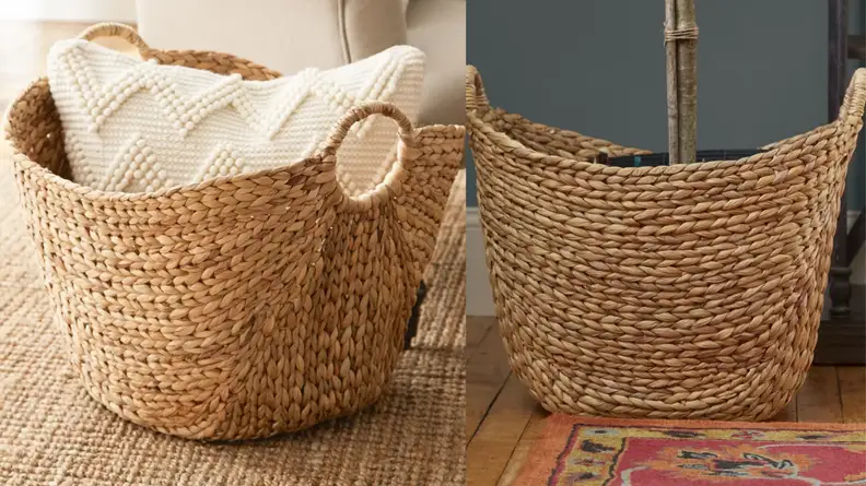 Wicker basket holding pillows