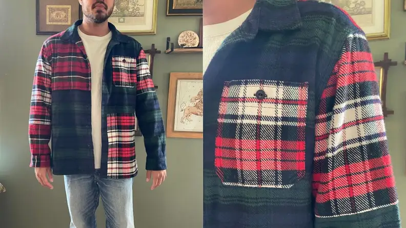 Man standing in Patchwork Workshirt from AE77.