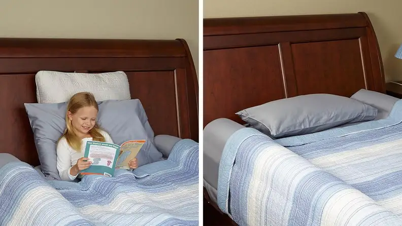 Small child reading a book in bed under covers between two Hiccapop Bed Bumpers and two Hiccapop Bed Bumpers under covers in empty bed.