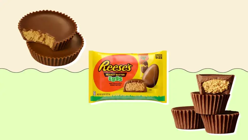 A full-sized Reese's cup, package of Reese's eggs, and pile of mini cups on a green and beige background