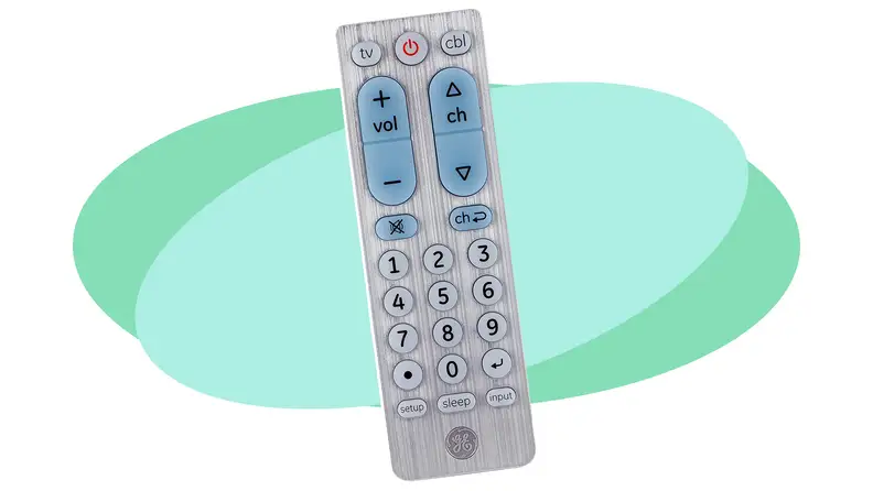 GE universal remote on a colorful background
