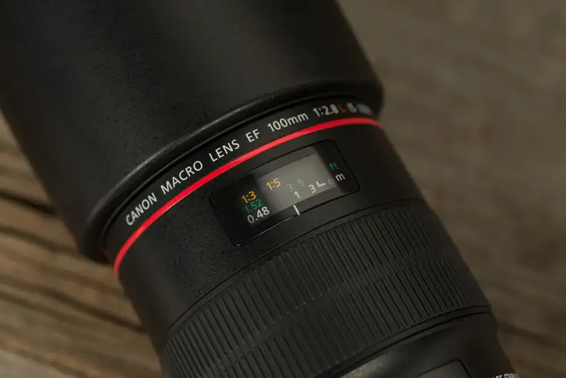 The trademark red ring marks the 100mm f/2.8L Macro IS USM as one of Canon's pro-grade lenses.