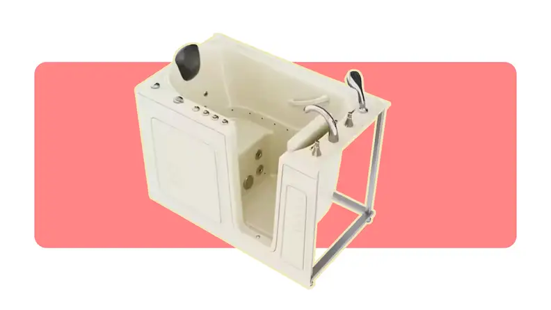 A Universal Tubs HD walk-in tub on a colorful background