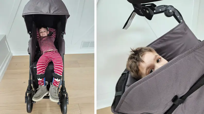 On the left: A boy laying down in a Special Tomato EIO Push Chair, on the right: the boy peeks his head out of the Special Tomato EIO Push Chair.