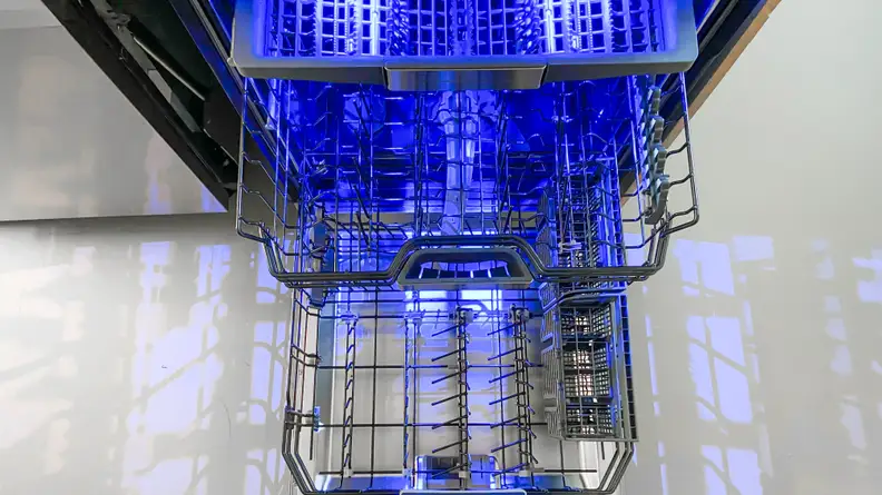 A top-down shot of the Thermador DWHD770WFM dishwasher, with its racks pulled out.