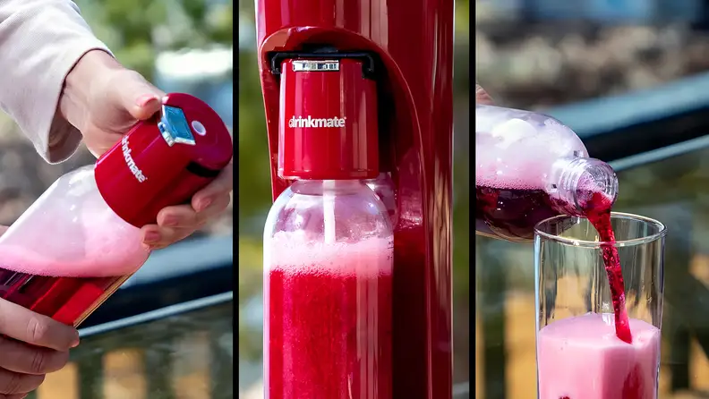 Three-panel view showing the Drinkmate OmniFizz carbonating a flavored beverage and pouring the finished sparkling drink into a glass.