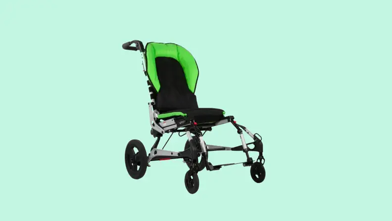 Angled view of the Zippie Sphynx Stroller in green and black.