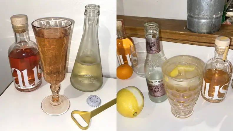 Left: A close-up photo of a pink glass containing a cocktail made using Haus' Rose Rosé aperitif accompanied by a half-consumer mini bottle of sparkling white wine, a gold bottle opener, and the mini bottle of Haus. Right: An iridescent glass containing a lemony cocktail with a mini bottle of club soda, a lemon with the peel partially missing, and a mini bottle of Haus beside it.