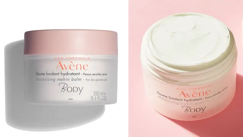 On left, front label of  avene moisturizing melt-in balm. On left, open jar of Avene moisturizing melt-in balm