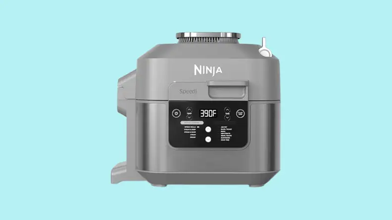 Air fryer against cyan background.