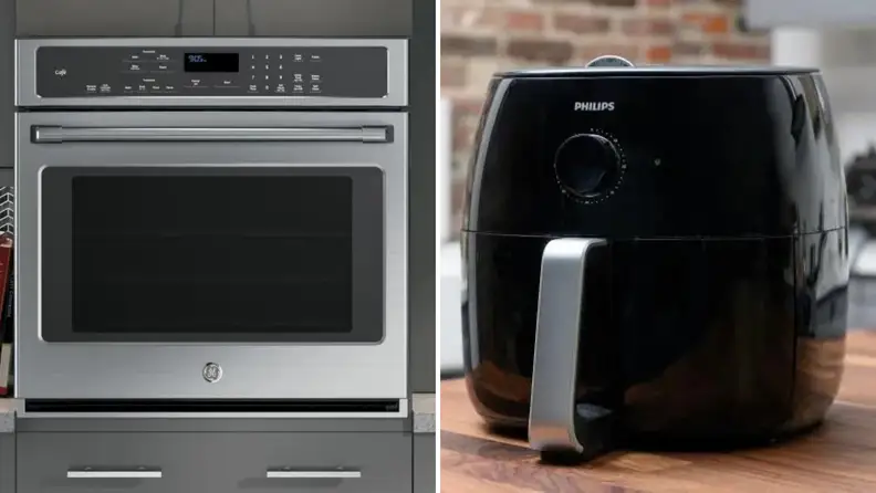 Two images of a wall oven and an air fryer.