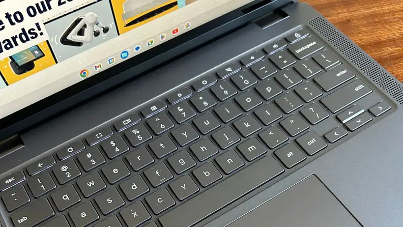 Close-up of the laptop's lower screen and keyboard.