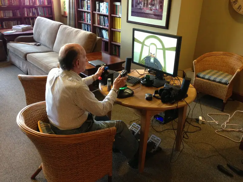 Jack flying a virtual aircraft.