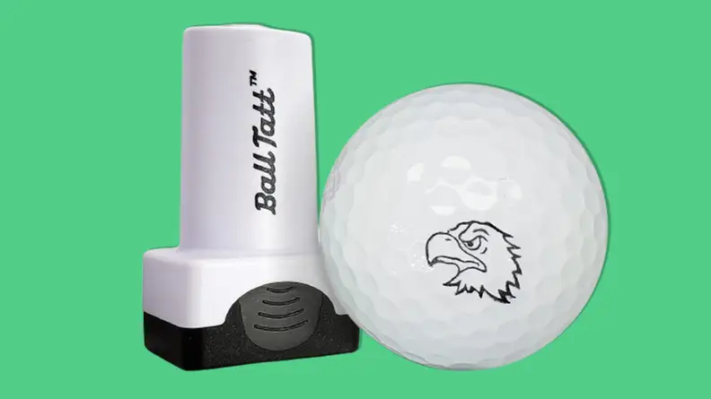 Bald eagler Ball Tatt golf ball stamp on a green background.