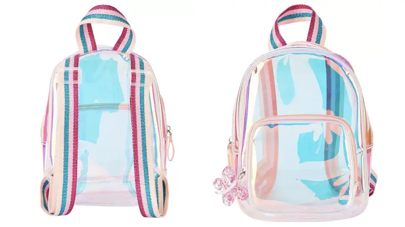 Two images of a transparent, holographic backpack
